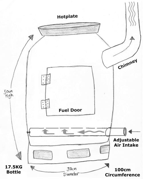 gas bottle wood burner pencil drawing diagram stove plan